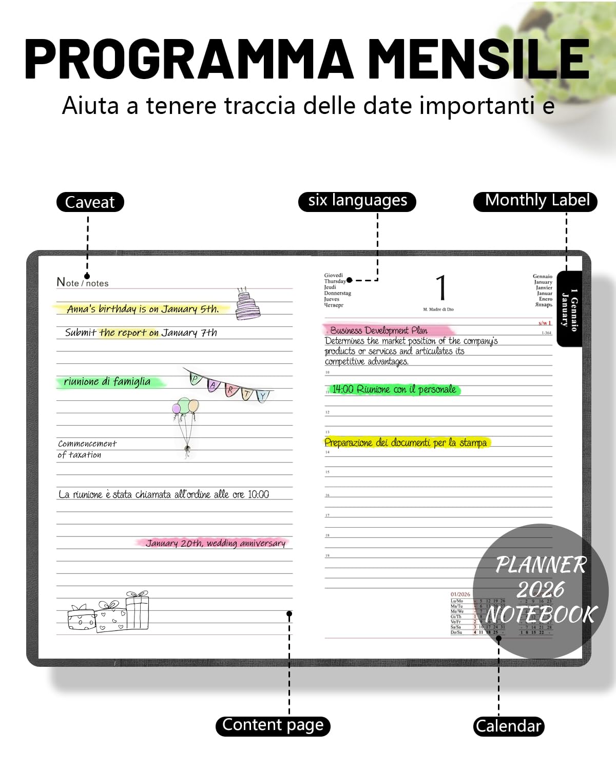 HW CASA Agenda Giornaliera 2026 A5（Gen.-Dic.2026）- con Festività Multilingue (DE/IT/ES/EN/FR), Chiusura con Elastico PU+CARTA, Riepilogo Mensile | Gennaio-Dicembre
