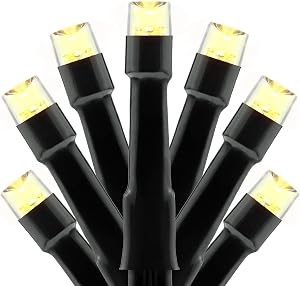 YULETIME 300 Warm White String Lights, 100 ft 8 Models Black Wire 5mm LED | Wide Angle Bulbs, Safe 29V Adapter, Multimode Lighting, Connectable, 100' Total Length, 1-Strand 300 Lights, 4" Spacing