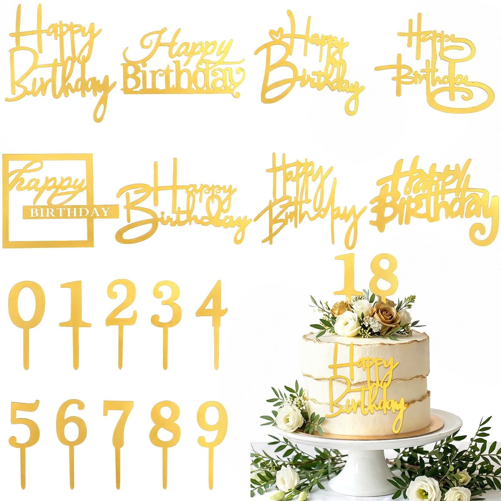 Nogeqi 28PCS Gold Happy Birthday Cake Toppers with Acrylic Numbers for Cakes, Happy Birthday Cake Decorations Sign Picks for Birth Anniversary Party Decoration