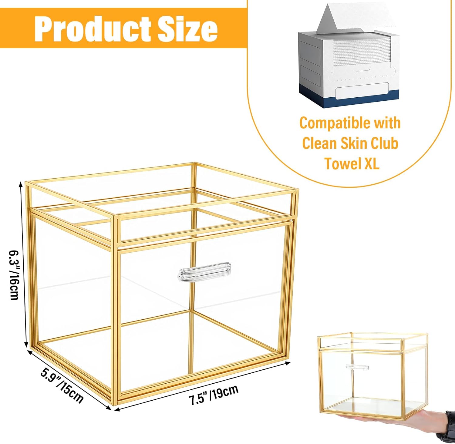 Disposable Face Towel Holder - Premium Glass Clean Towels XL Holder with Gold Frame, Dual Storage Organizer Box for Bathroom Vanity Countertop, Skincare & Makeup Essentials (7.5 x 5.9 x 6.3 Inches)