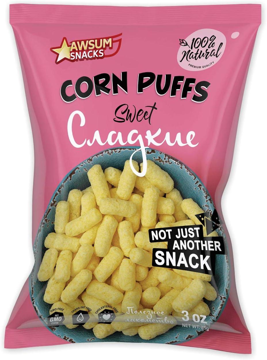 Awsum Snacks Delicious Sweet Corn Puffs 6 bags Baked Crispy Sticks Kosher Vegan Crunchy Healthy Simple Dessert Russian Snack 0g Cholesterol Party Pack of 6 bags 18 Ounce.