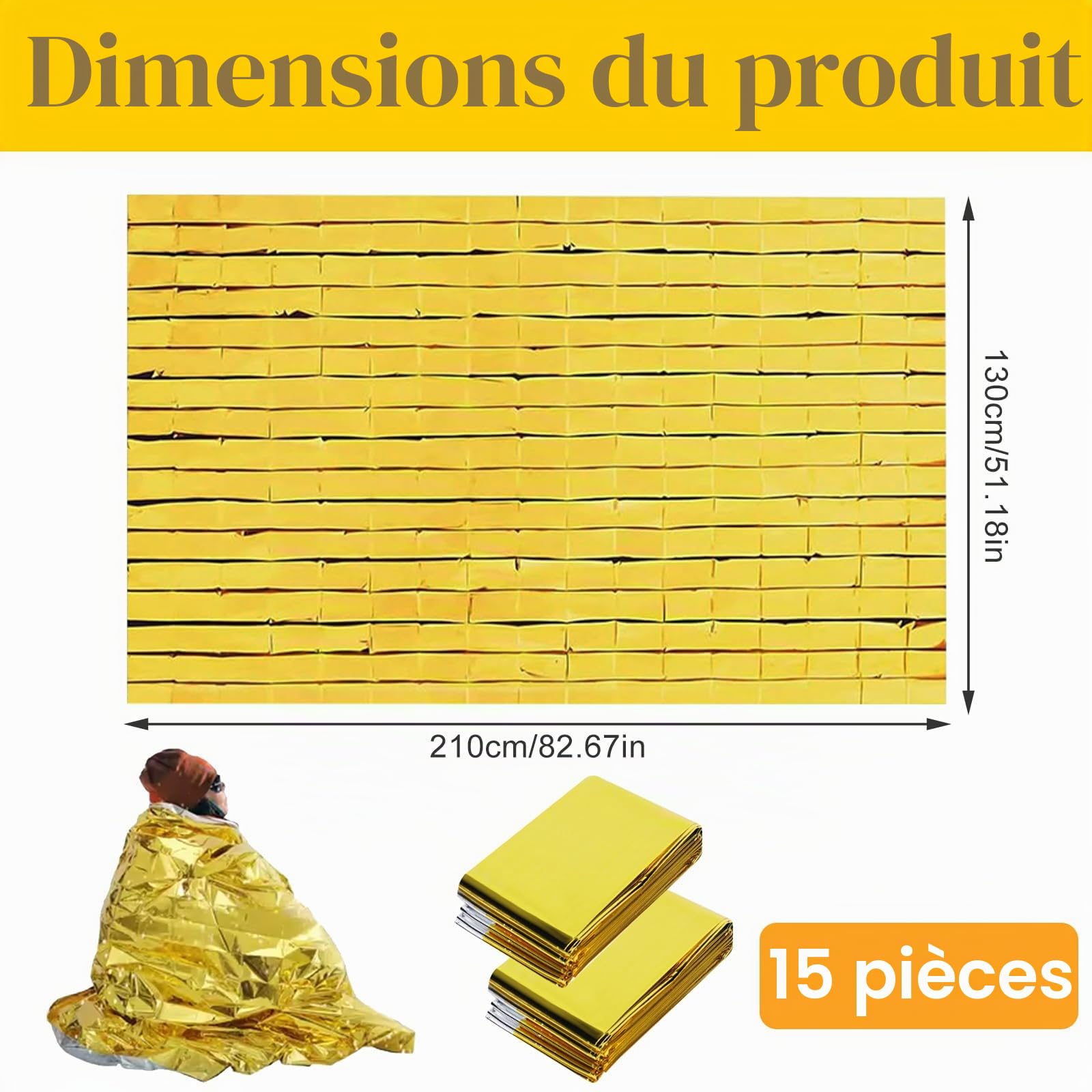 Begonia Lot de 15 couvertures de survie - Doré/argenté - 210 x 130 cm - Film thermique - Couverture de survie - Couverture de survie étanche pour l'extérieur, le camping et les situations d'urgence