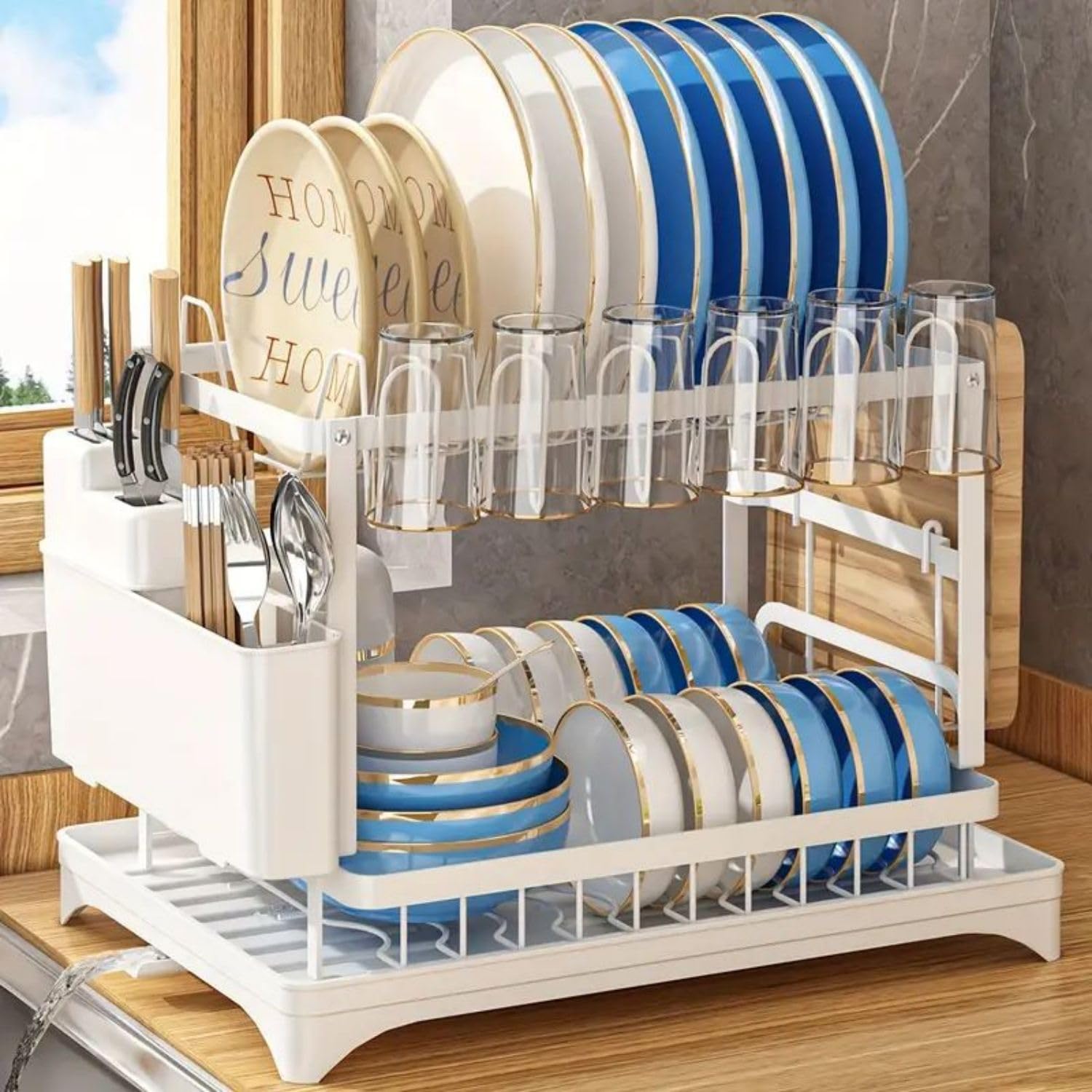 Escurridor para platos, soporte para utensilios de 2 niveles, resistente al óxido, con escurridor y soporte para utensilios para encimera de cocina, accesorios de cocina (blanco)