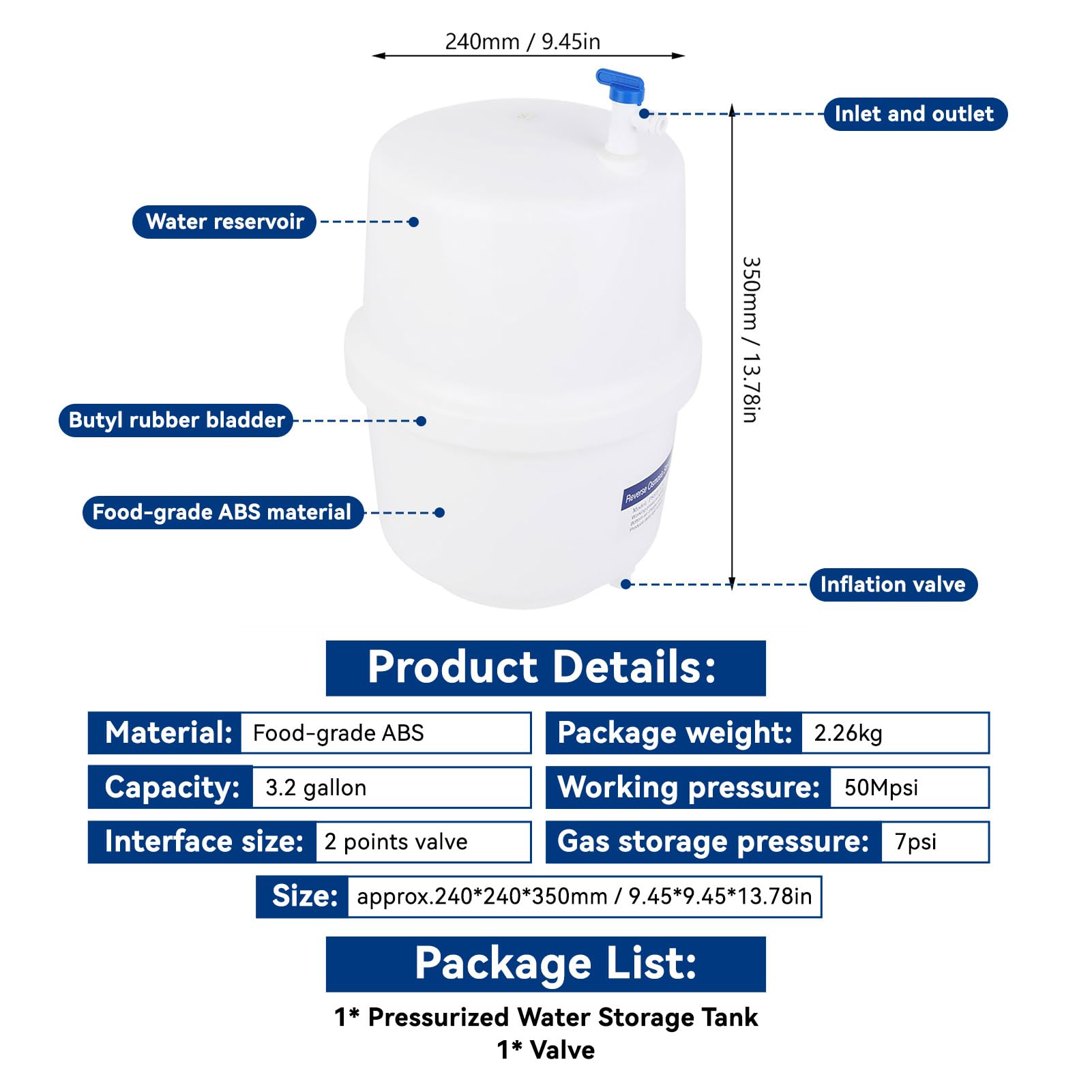 Tissting Depósito de Agua Presurizado, Tanque de Almacenamiento de 1.2-1.8 Galones/5-7L con Válvula de Bola para Sistemas de Ósmosis Inversa RO, Material ABS, Conexión Universal para Purificador Agua | Ósmosis plástico válvula tanque 1/4" incluida para si