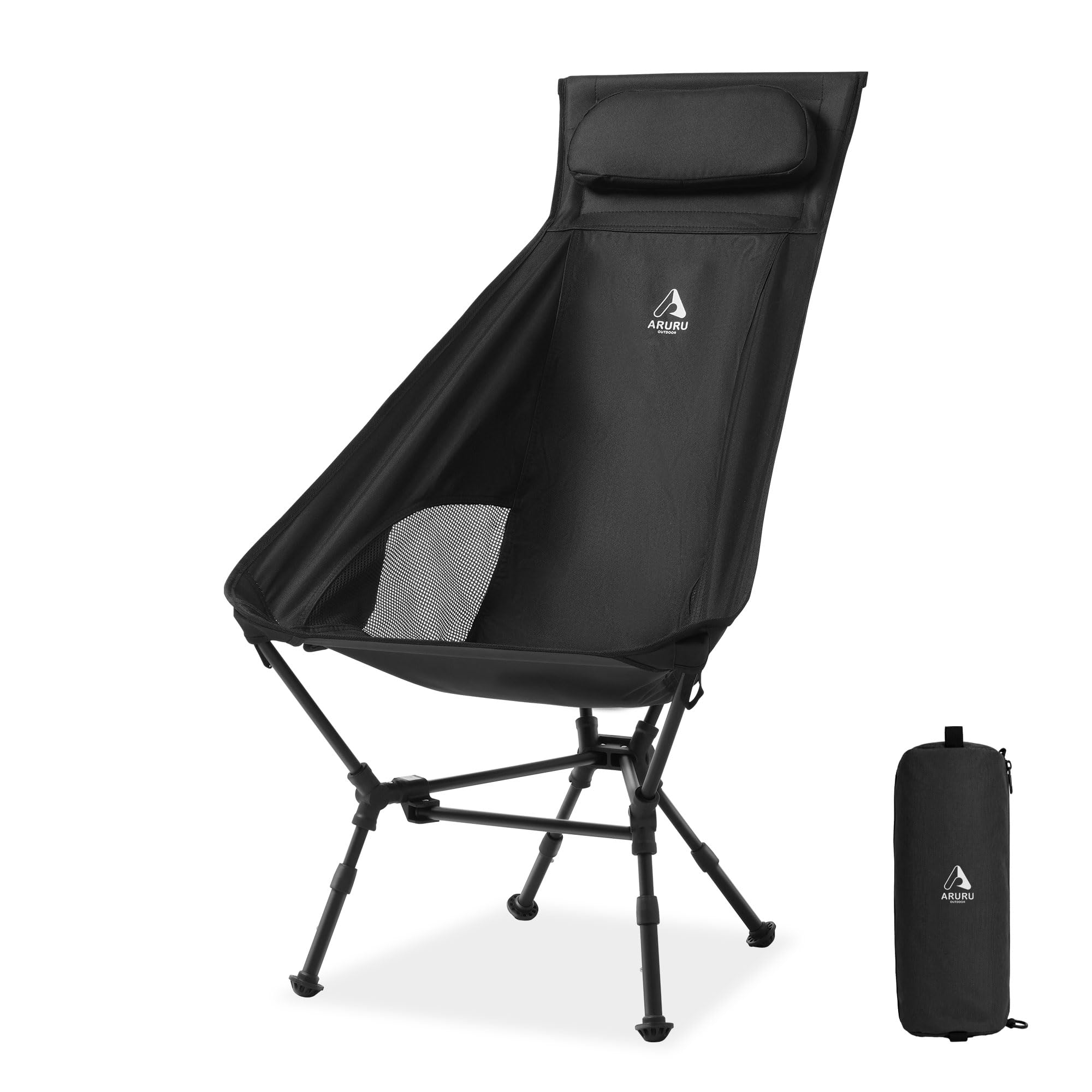 ARURU High Back Camping Chair with Headrest, Lightweight Portable Folding Backpacking Chair, 150kg Capacity, 3 Adjustable Height (38–43cm), Ultralight Compact Travel Chair for Hiking, Beach,Festivals