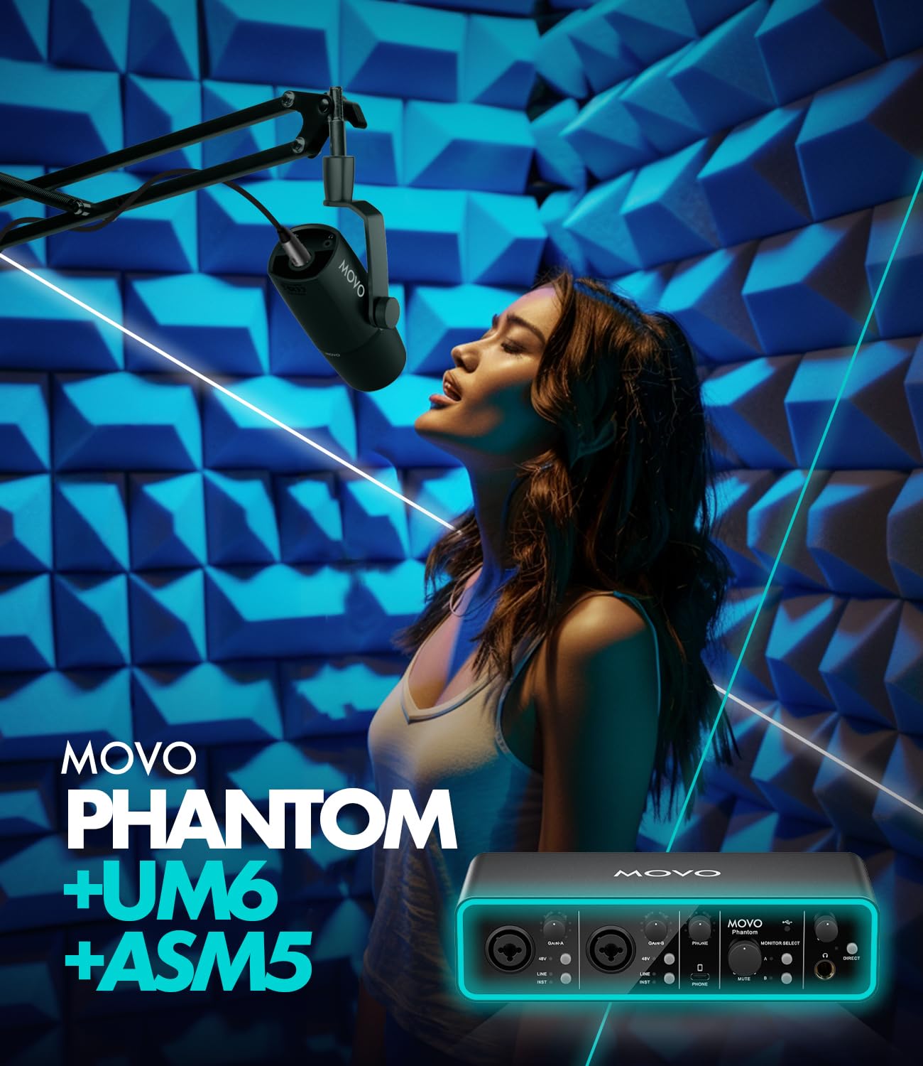 Movo Podcast Equipment Bundle - Phantom USB Audio Interface, 2 UM6 XLR/USB-C Dynamic Microphones, and 2 Boom Arms - Professional Dual Microphone Setup for Podcasting and Streaming