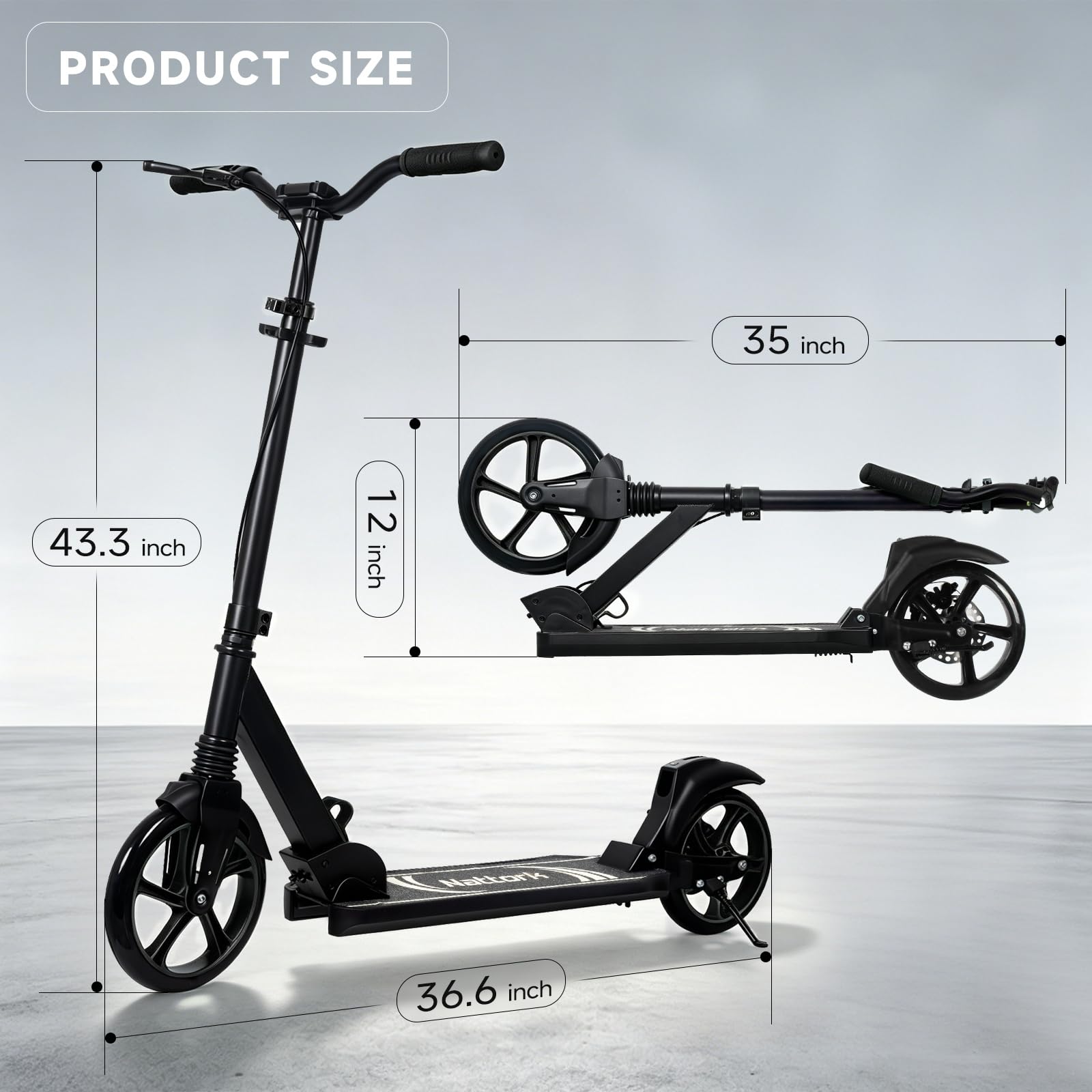 Nattork Trottinette pour adultes et adolescents – Capacité de 108,9 kg, double frein et amortisseur avant, roues de 230 mm, guidon réglable, pour homme et femme