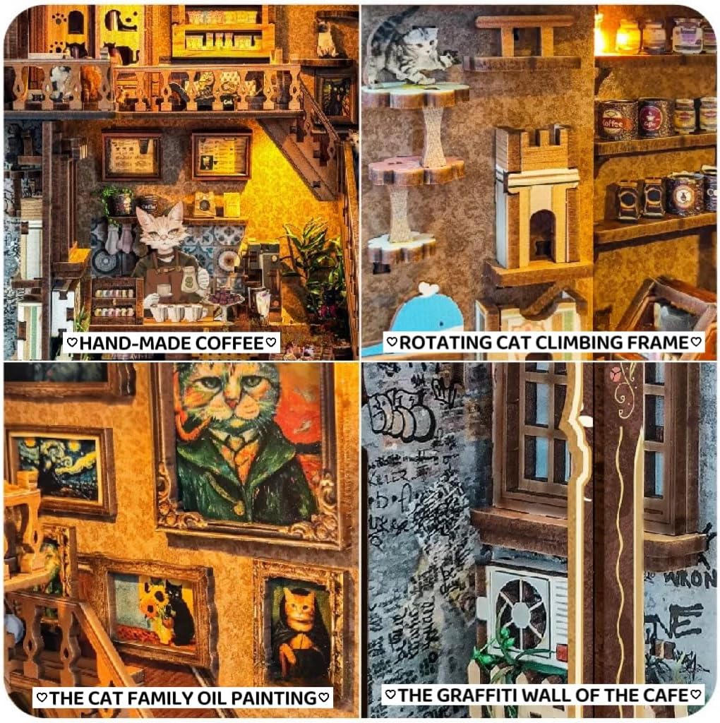 DIY Book Nook Kit - Caramel Dreams - Cozy Cat Café - 3D Puzzle, Handcrafted Bookend for Adult