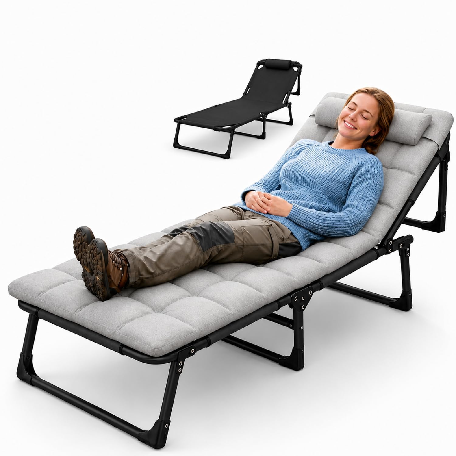 Litenyx 5in1 Folding Bed for Sleeping with Removable Soft Cushion & Pillow Multi Adjustable 3 Mode Convertable Recliner Bed for Adults Indoor Outdoor for Travelling Upto 200KG (200cmx75cm X34cm,Grey)-image-3