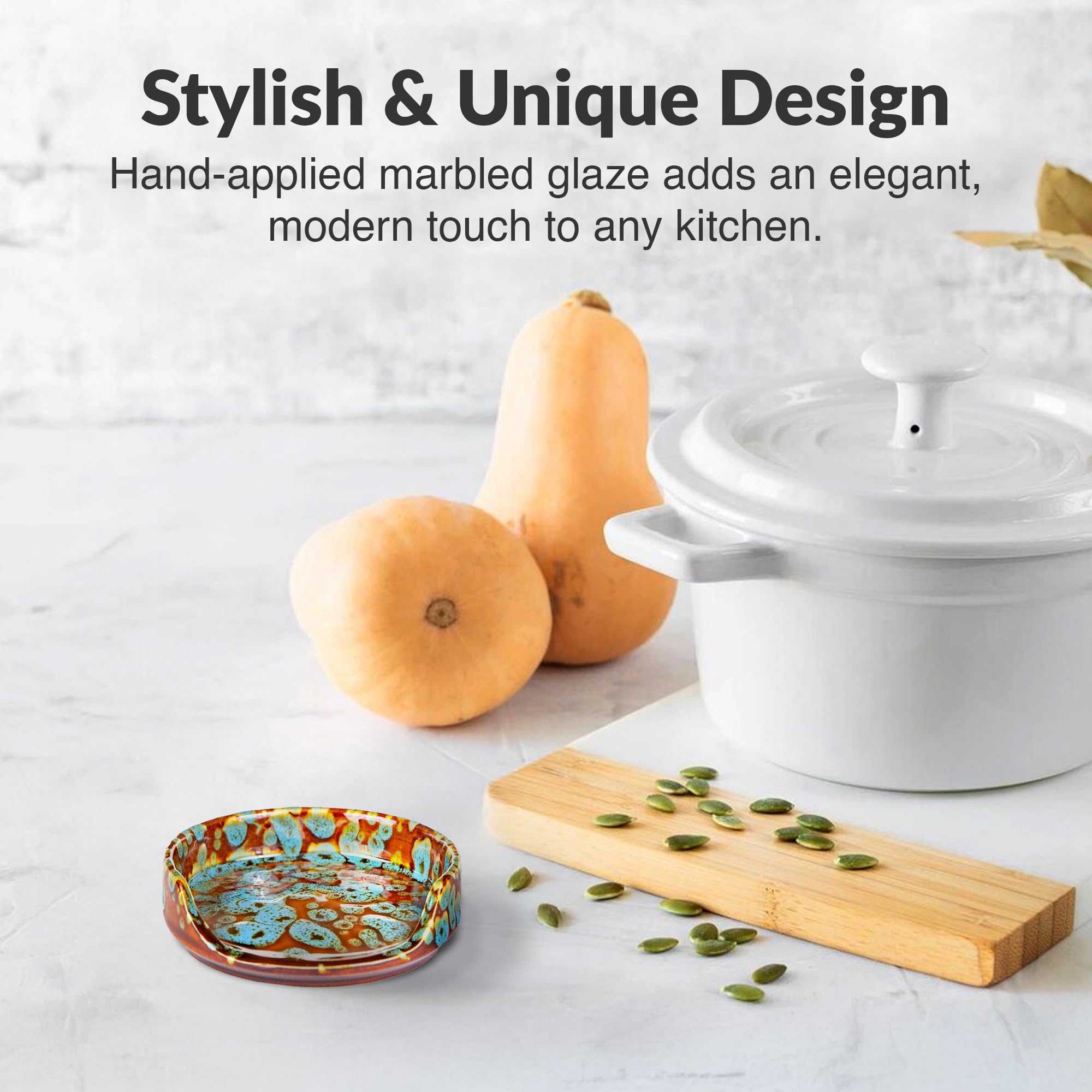 Soporte de cuchara de cerámica para encimera de cocina y estufa (turquesa jaspeado)