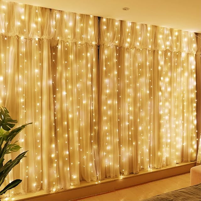 HXWEIYE 300LED Fairy Curtain Lights Warm White, 3mx3m USB Powered 8 Modes Window Fairy String Lights with Remote Timer Adjustable Brightness for Bedroom, Indoor, Outdoor, Weddings, Party, Decorations