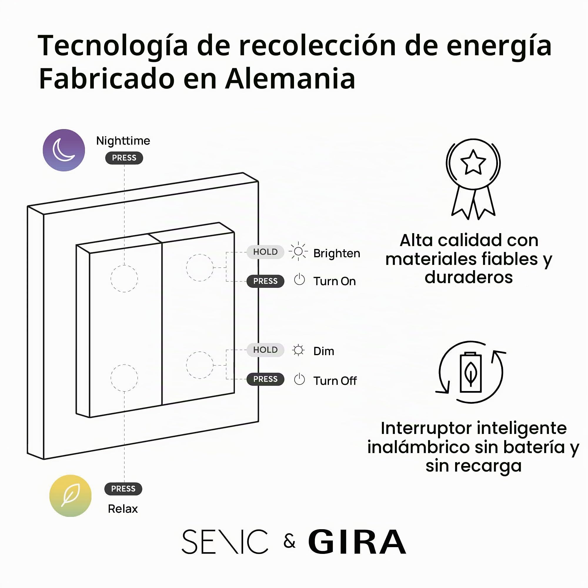 GIRA + Senic Interruptor Inteligente Friends of Hue | Interruptor Inalámbrico Homekit con Regulador de Luz para Bombillas Inteligentes Philips Hue | Sin Batería y Sin Carga | Blanco