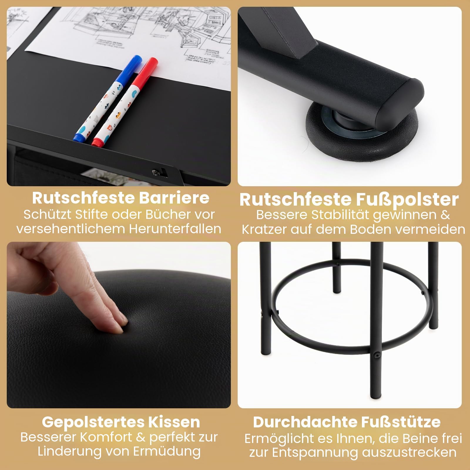 GIANTEX Zeichentisch mit Hocker, Architektentisch Schreibtisch höhenverstellbar & neigungsverstellbar, Schülerschreibtisch 2 Schubladen / 2 Arbeitsflächen, Bürotisch Arbeitstisch Architekten (Schwarz)