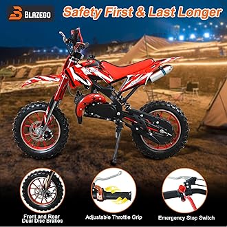 BLAZEGO 49CC Kids Gas Dirt Bike, 2-Stroke Gas Powered Motorcycle, Dual Disc Brakes, Front & Rear Shock, 10" Off-Road Tires, 28 MPH Top Speed, 132 LBS Max Load, Mini Dirtbike for Kids 8-14, Red