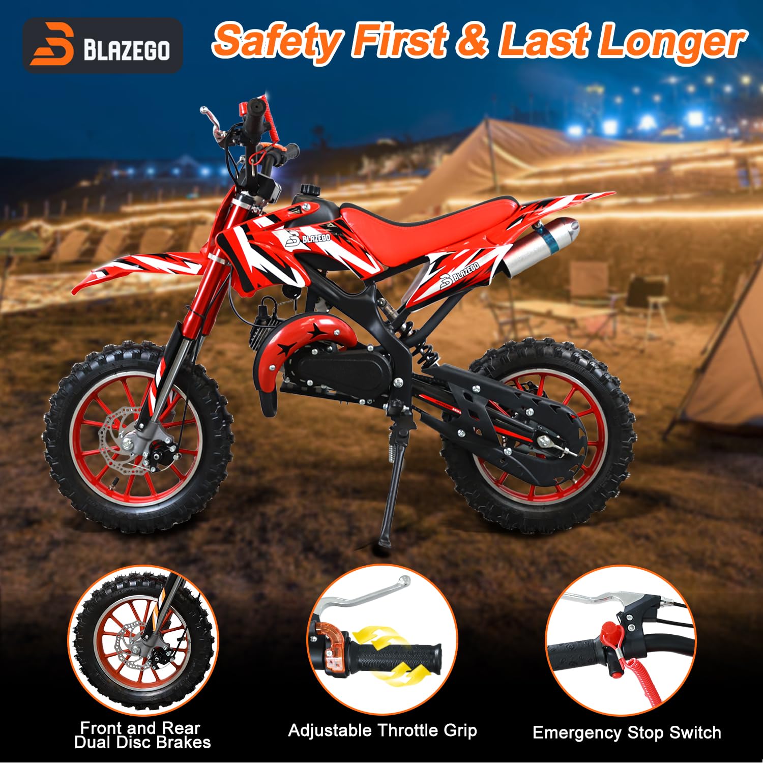 BLAZEGO 49CC Kids Gas Dirt Bike, 2-Stroke Gas Powered Motorcycle, Dual Disc Brakes, Front & Rear Shock, 10" Off-Road Tires, 28 MPH Top Speed, 132 LBS Max Load, Mini Dirtbike for Kids 8-14, Red