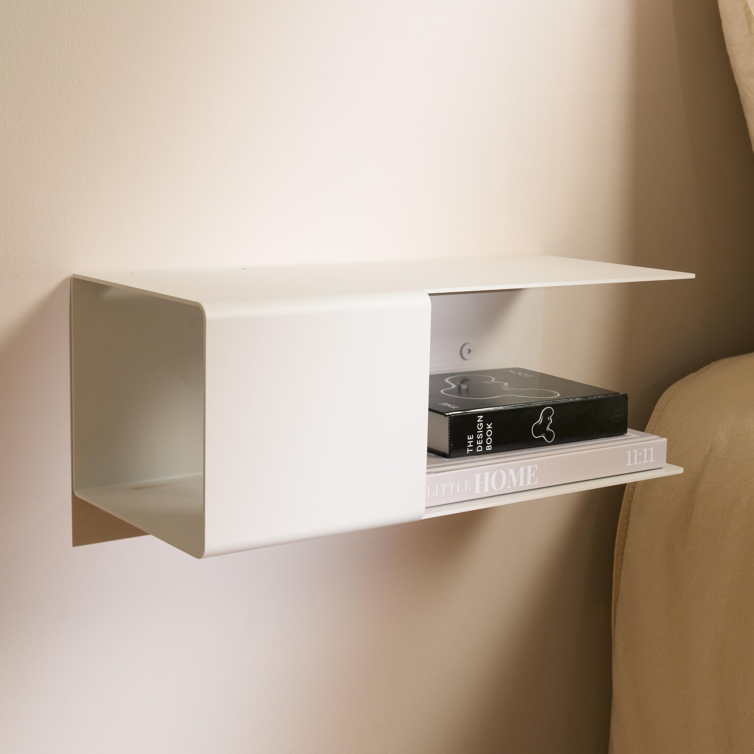 Design Hambourg Table de chevet murale en métal | Blanc | Table de chevet murale avec compartiment caché et passe-câbles | Compacte, moderne et facile à monter