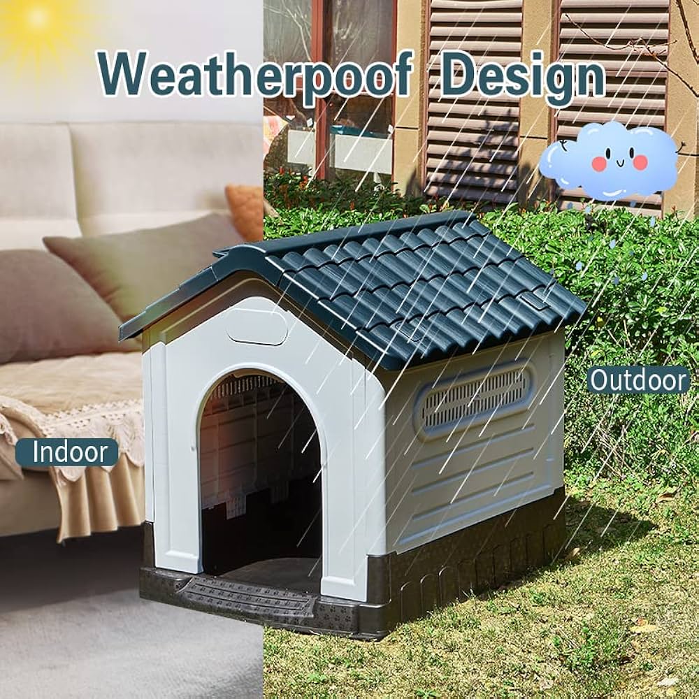 Durable Plastic Dog House Weatherproof Kennel Shelter For Indoor And Outdoor Use For Small Dogs And Pets, Blue/Black (Black, 62.2 X 61.5 X 60.2 Cm