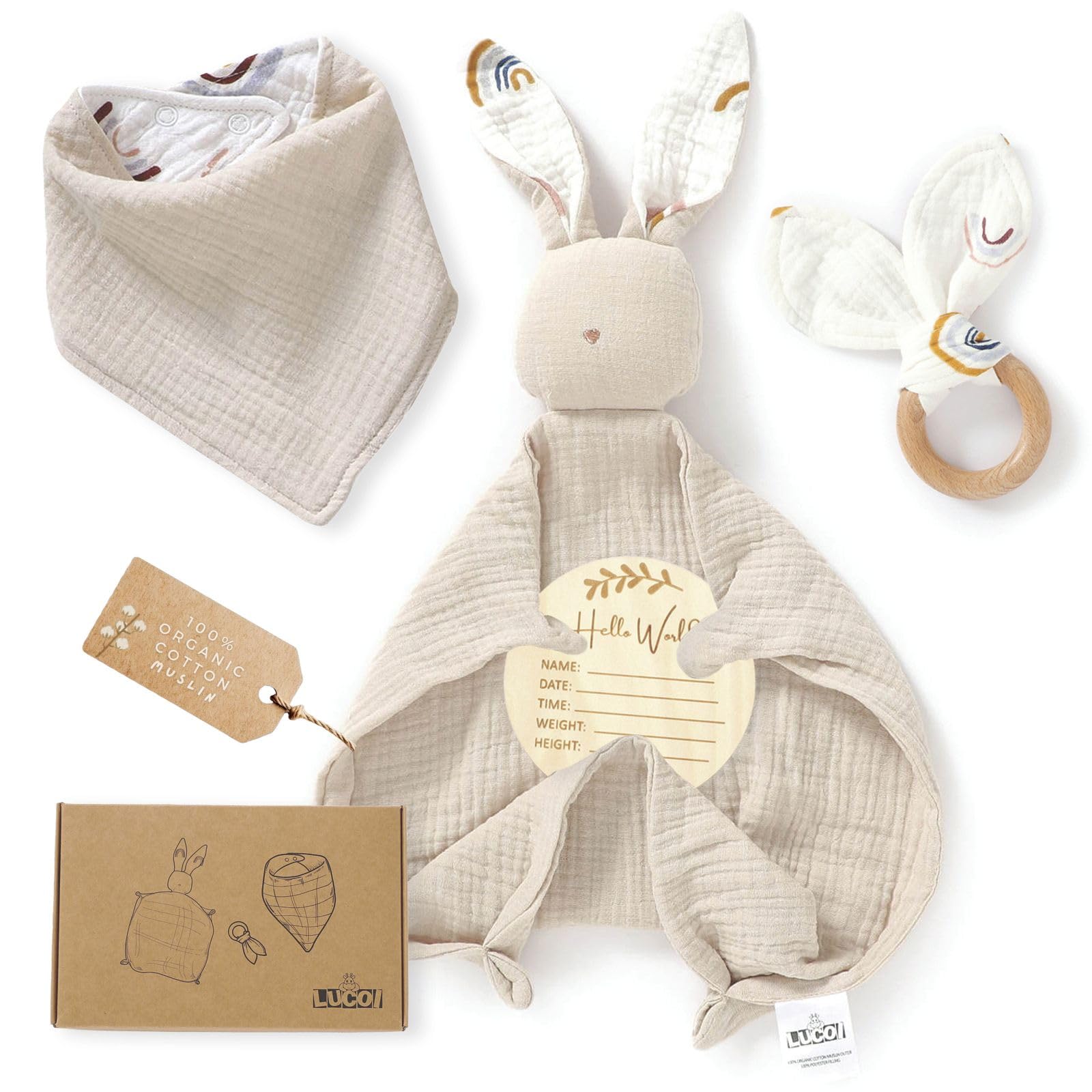 LUCOI Organic Cotton Baby Gift Set - 4-Piece Muslin Bunny Lovey, Teether Ring, Bandana Bib & Wooden Announcement Card - Gender Neutral Newborn Gifts, Welcome Baby Box, Loveys for Babies