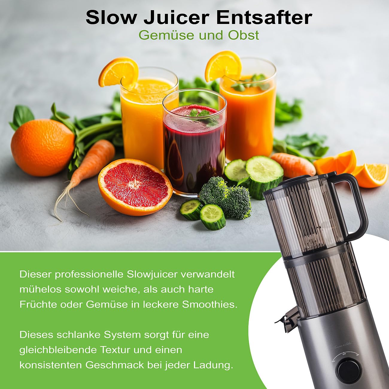 Rosenstein & Söhne Extractor de zumo lento eléctrico 200 W 800 ml con marcha atrás