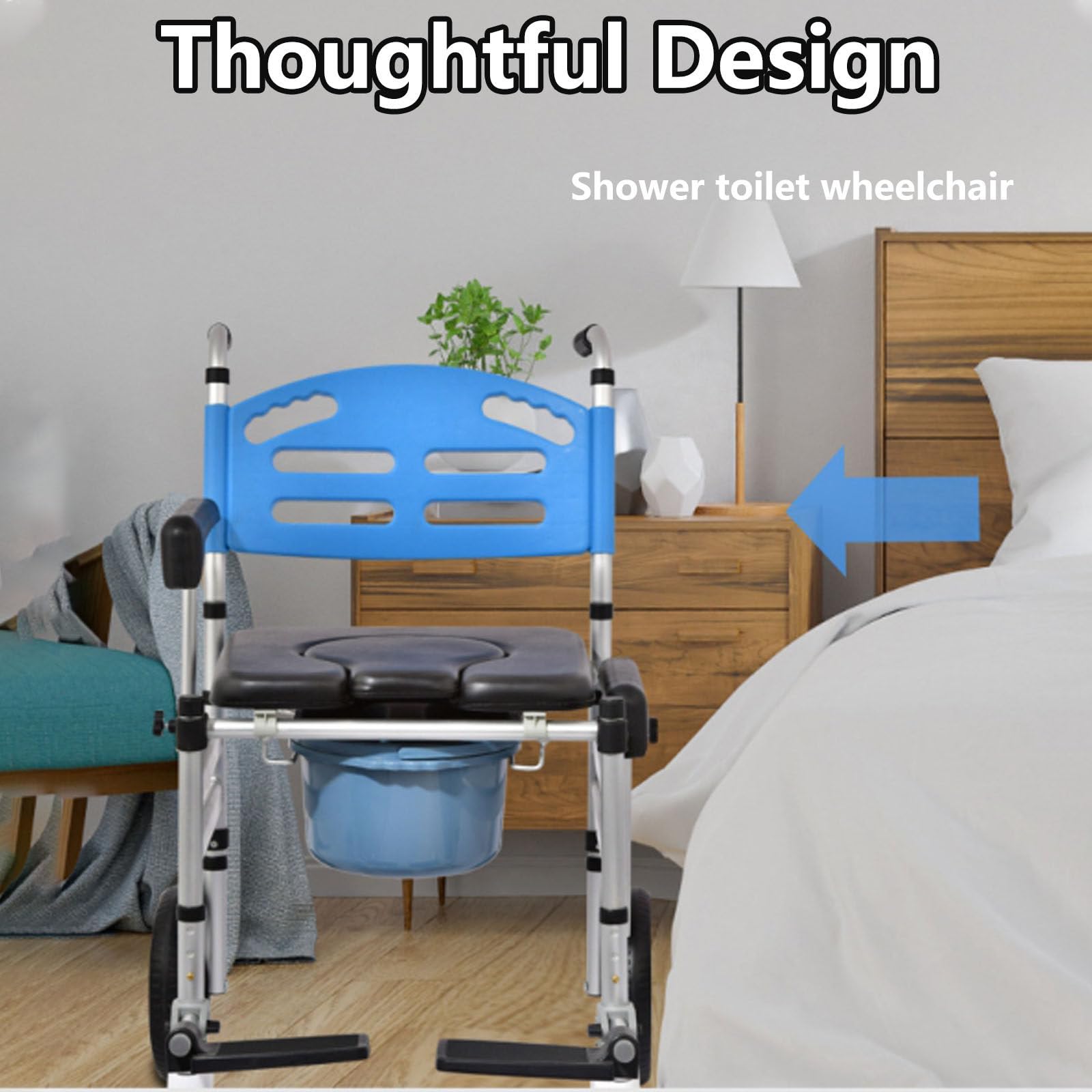 Składane krzesło prysznicowe z kółkami i regulowanymi podłokietnikami dla osób starszych i niepełnosprawnych