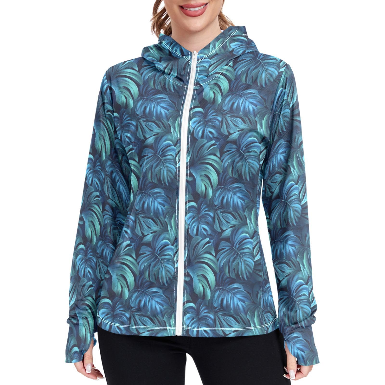 Tropical Monstera Sun Protection Hoodie Jacket for Women Lightweight Womens Zip Up Jackets UPF 50+ Teal Turquoise