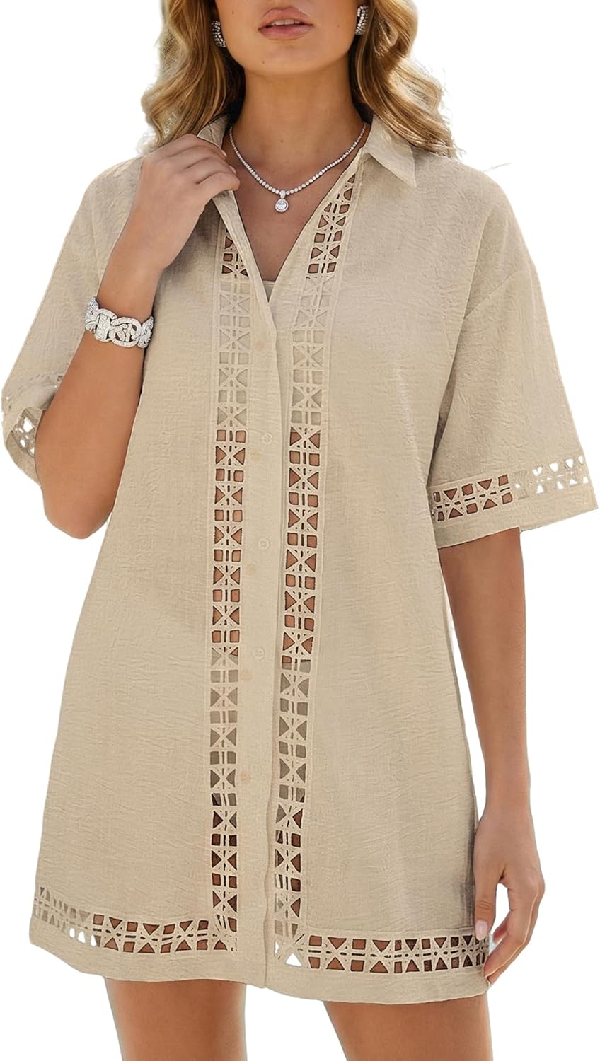 Bsubseach Swimsuit Coverup for Women Boho Beach Bathing Suit Cover Up Shirt Geometric Eyelet Button Down Vacation Outfits