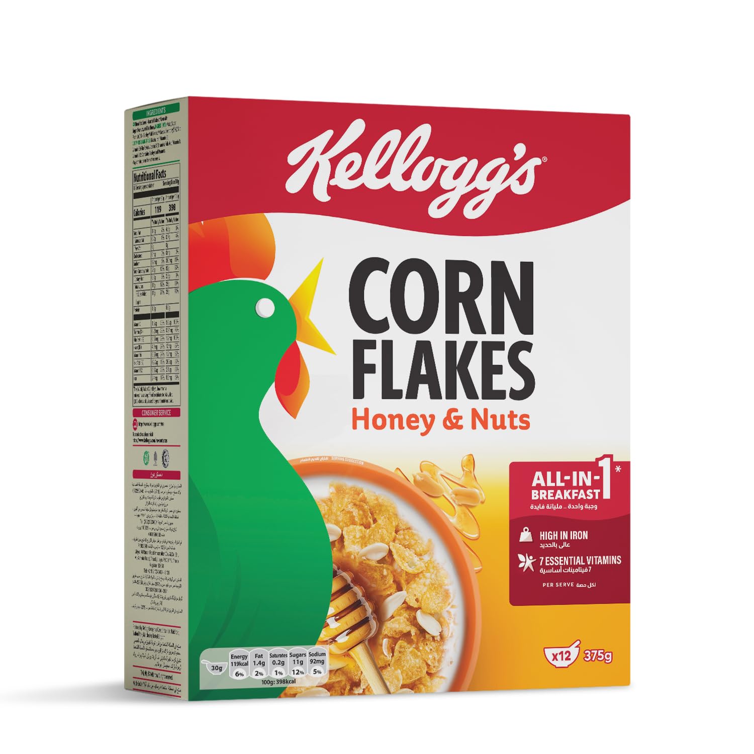 Kellogg's Corn Flakes Honey & Nuts | 375g | Delicious Natural Honey | Multigrain Nourishment | Source of Fibre | Rich in 7 Vitamin And Minerals | Ideal For Healthy Breakfast