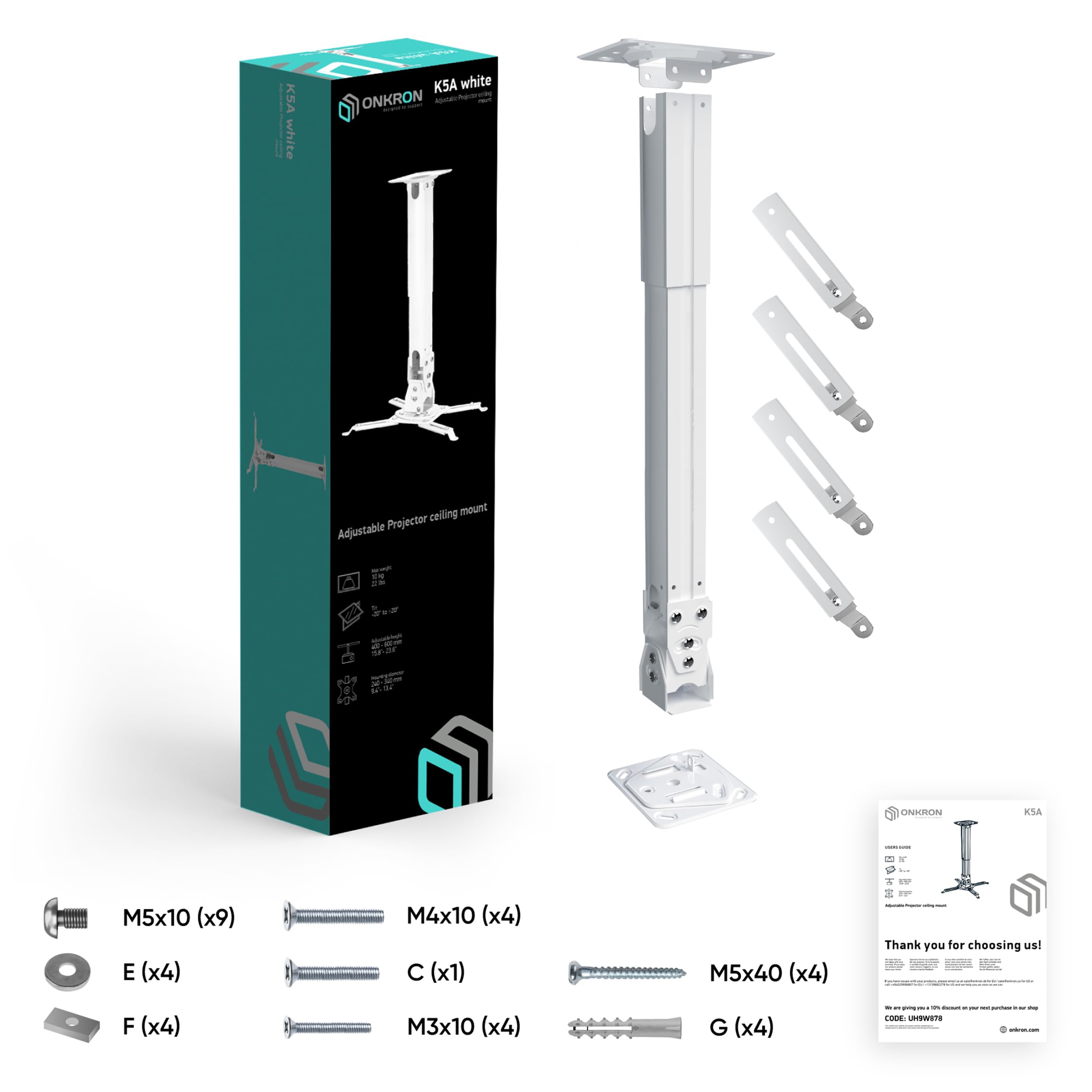 ONKRON Beamer Deckenhalterung für Projektoren bis zu 10 kg, Lange Wandhalterung neigbar schwenkbar, Projektor Halter höhenverstellbar, Beamer Halterung Decke Wand, für Heimkino, Büro Weiß K5A-W