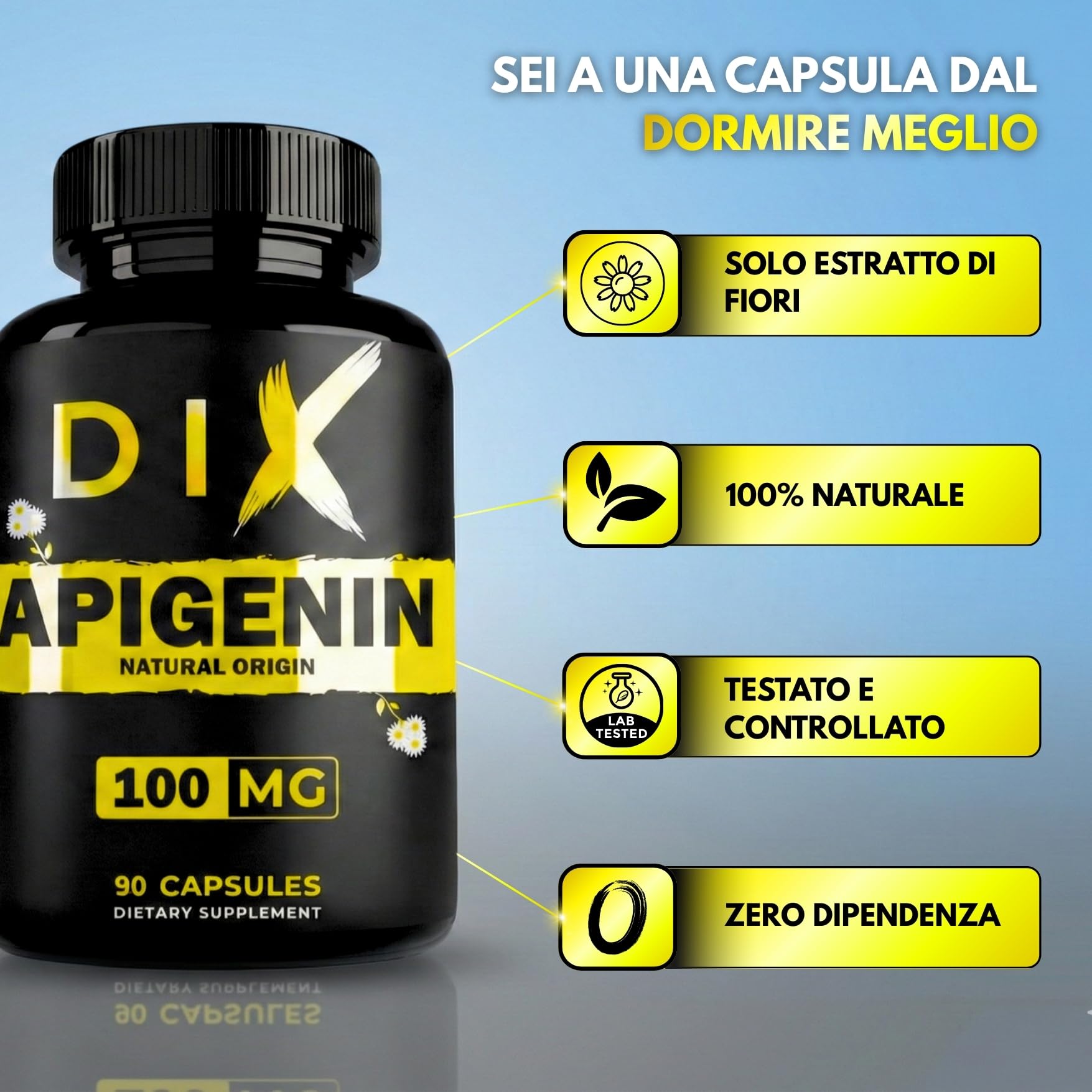 Apigenina Pura ✦ Estratto di Camomilla ✦ Rilassamento & Sonno Ristoratore ✦ Antiossidante & Longevità ✦ Potenzia il NAD+ ✦ 100% Naturale & Senza Additivi ✦ Azienda Francese ✦