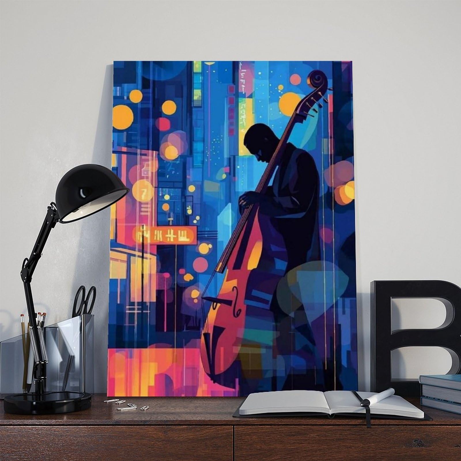 Stampa artistica da parete con motivo bassista jazz e musica al neon, decorazione artistica da parete per soggiorno e camera da letto, 60 x 90 cm