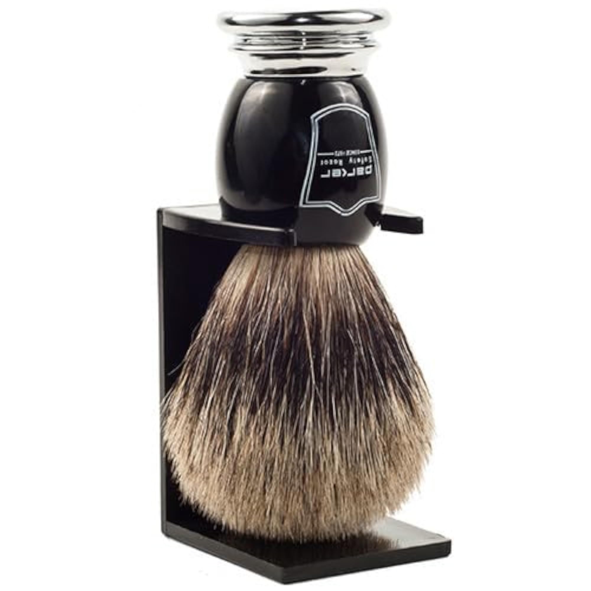 Parker Pure Badger Shaving Brush with Black & Chrome Handle + Stand | 22mm Knot for Cream or Soap | Handcrafted Wet Shaving Brush for Men | Premium Grooming Tool | Iconic Brand