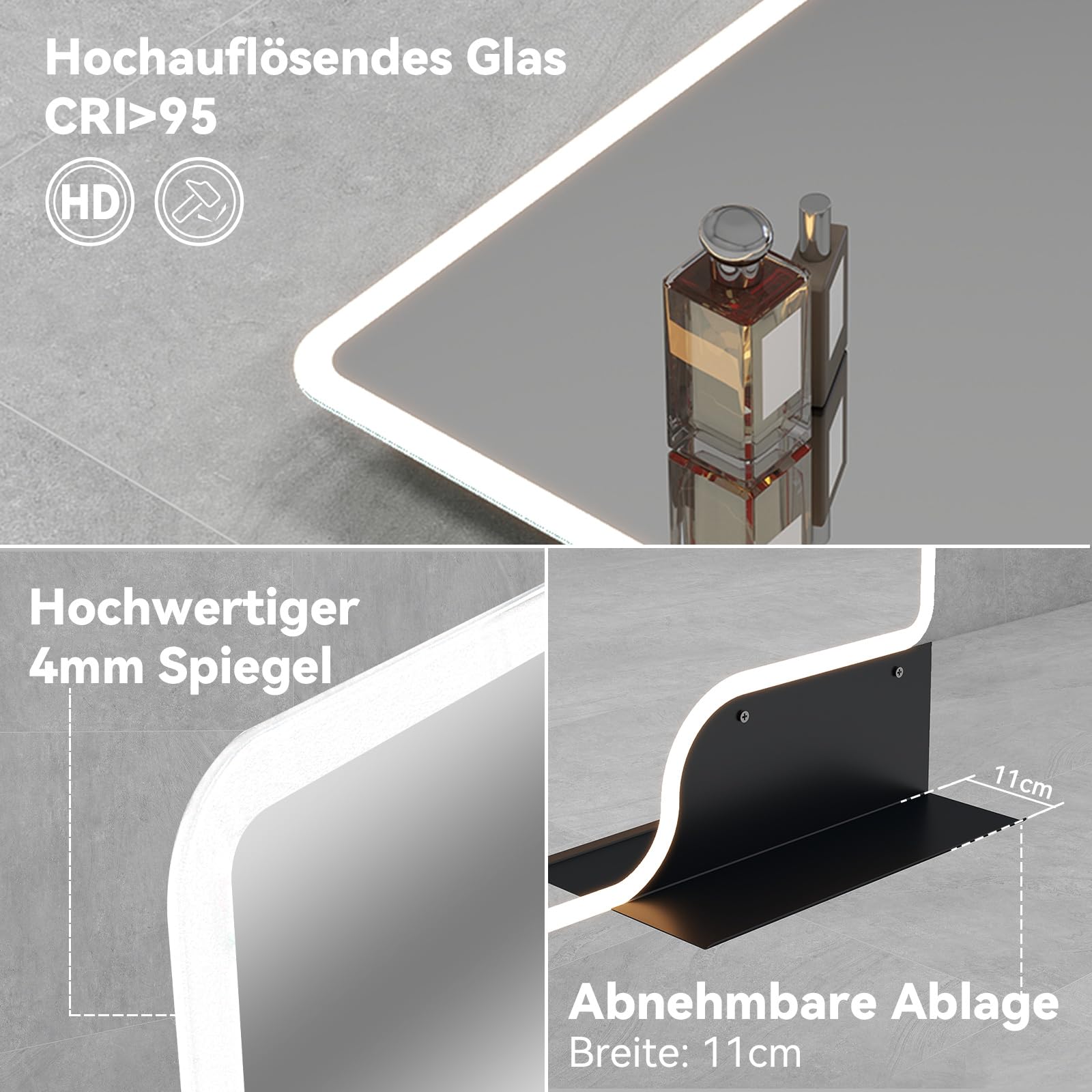 YOURLITE LED Badspiegel mit Beleuchtung und Ablage 80x60cm,Bad Spiegel Badezimmerspiegel Uhr,Wandspiegel mit Beschlagfrei,Touch-Schalter,3 Lichtfarben Dimmbar,Speicherfunktion