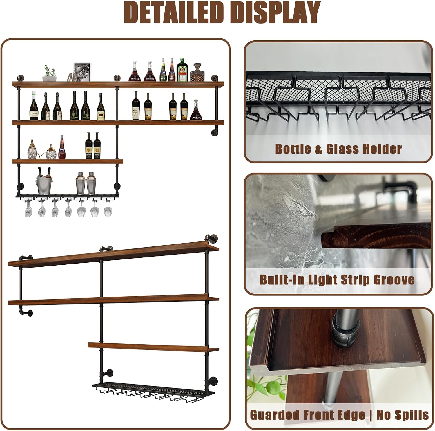 Solid Wood Wall Mounted Wine Rack, Large Wine Rack with LED Light, 4 Tiers Liquor Bottles Floating Shelves with Glass Holder, Industrial Bar Shelves for Home Bar Dining Room (1, 78.7 IN/ 200CM)
