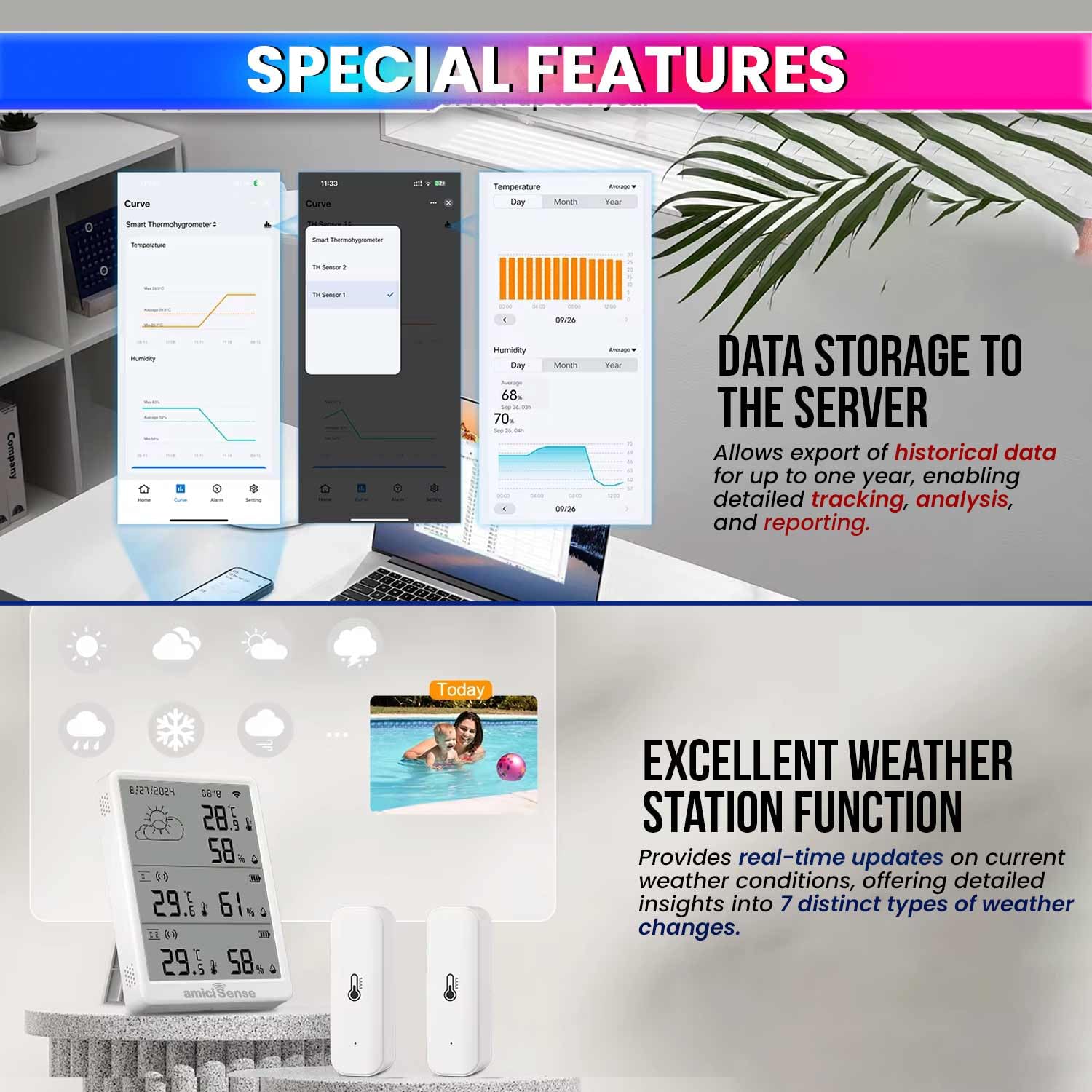 amiciSense Digital Weather Station, Indoor/Outdoor Temperature and Humidity Monitoring Device with Date & Time Display | Dual External Sensors and Data Export Feature, Compatible with SmartLife App - Image 4 thumbnail