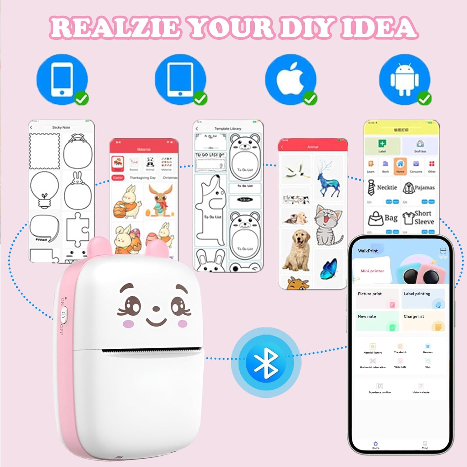 Mini Thermal Printer, Inkless Printer with 5 Rolls Pape, Bluetooth Smart Pocket Compatible with iOS & Android, Portable Thermal Printer for PicturesRetro-Style Photos(Pink)