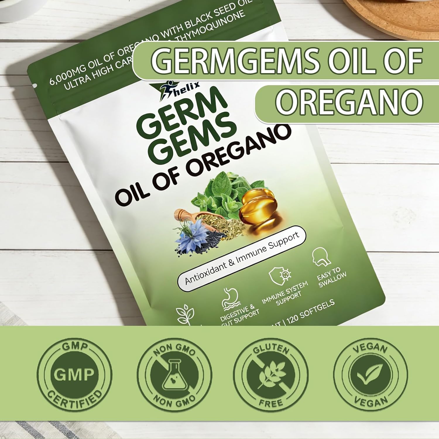 Zafira Helix Germ Gems Oil of Oregano Softgels with Black Seed Oil – 4X Strength Carvacrol & Thymoquinone for Immune & Digestive Support – Plant Based, Non-GMO, 2-in-1 Formula, 120 Count