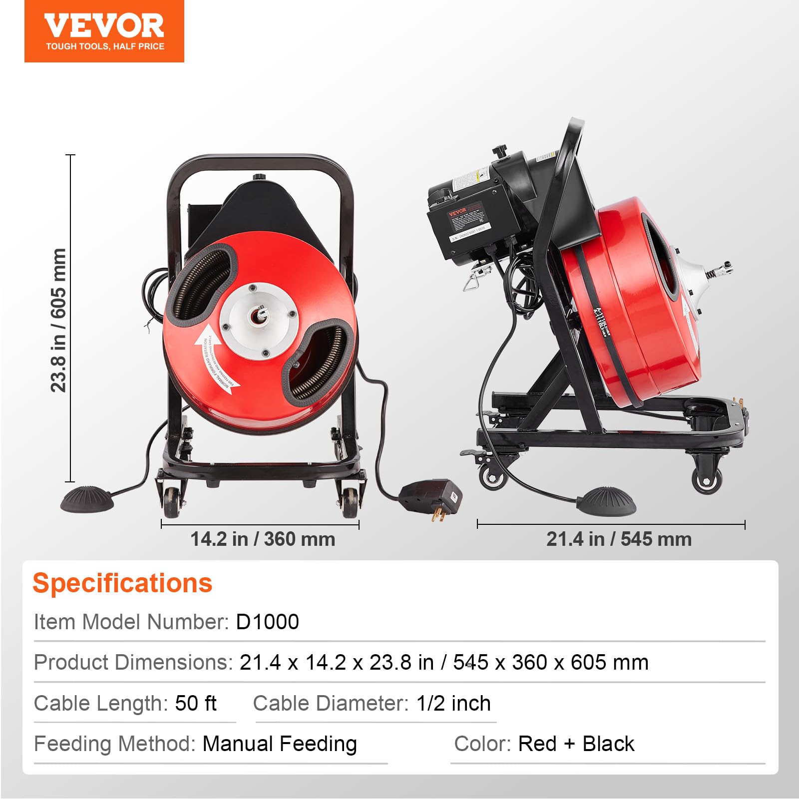 VEVOR Manual50FT 1/2IN 1700rpmCerrado Desbloqueador de Tuberías
