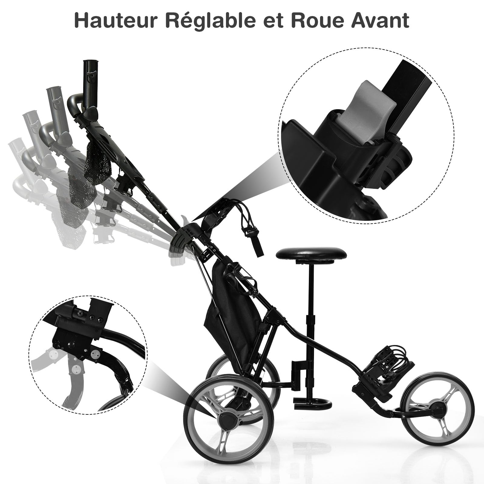 GOPLUS Chariot de Golf à 3 Roues,Voiturettes Golf à 3 Roues Pliable, Pousser Tirer Deluxe, Chariot de Golf Manuel, Ouverture Facile, 130x75x98,5-115,5cm