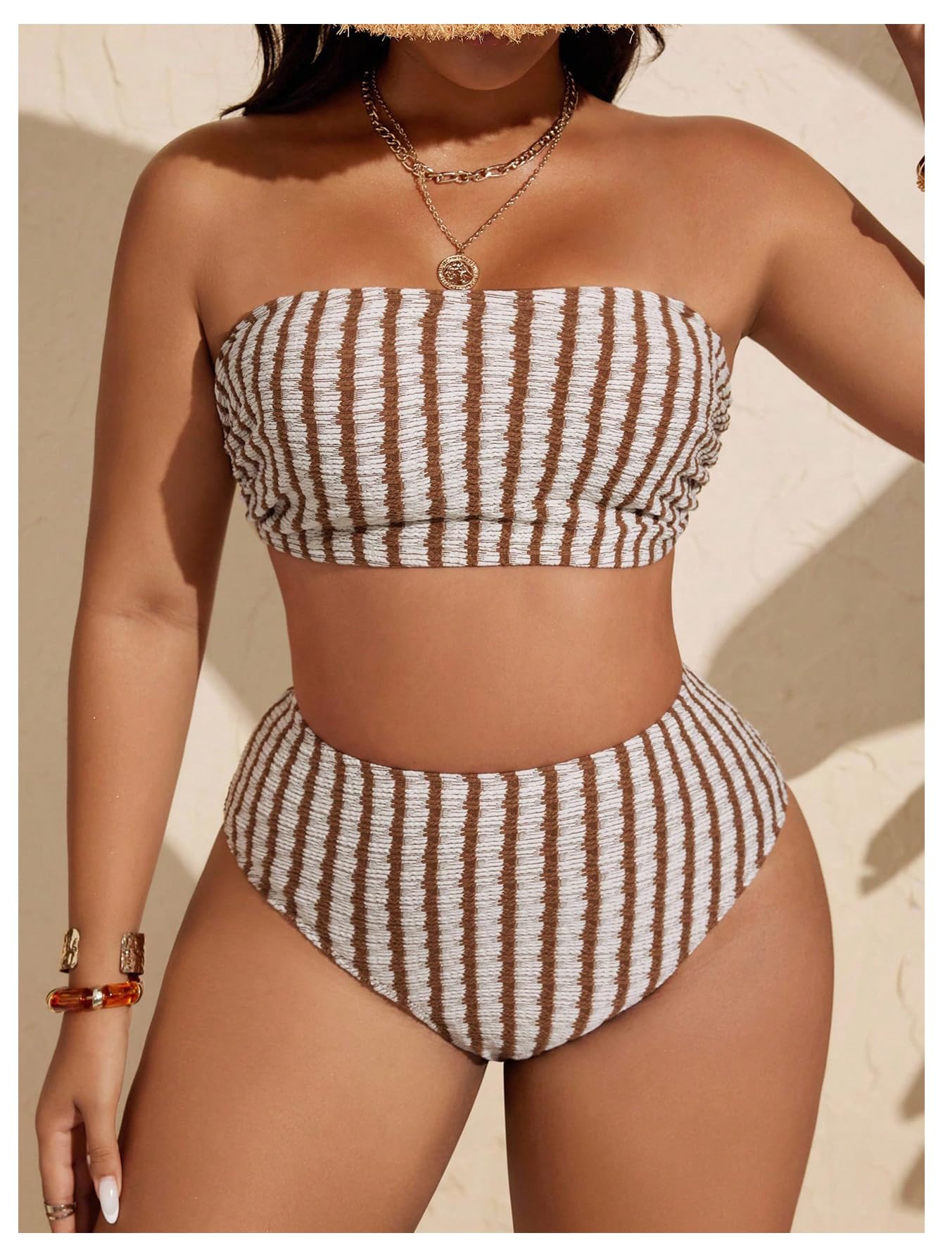 Women's Plus Size 2 Piece High Waist Bikini Set Striped Bandeau Top Tummy Control Bathing Suits Swimwear(Brown,Large Plus)