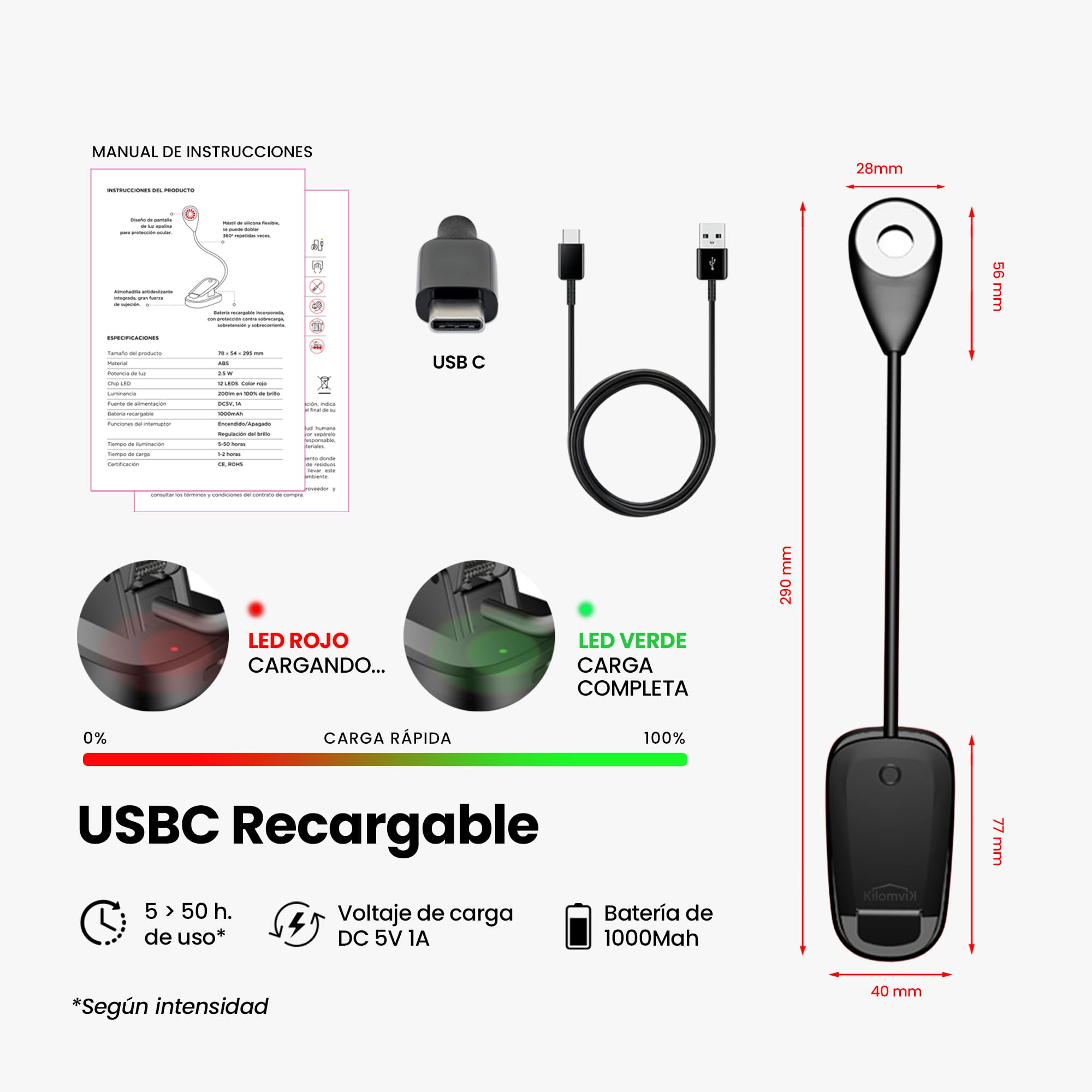 Lampara Luz Roja Nocturna Melatonina - 0% Luz Azul, Sin Flicker - Ideal para Dormir Bebe y Adultos - Lampara Lectura Noche con Pinza y Cuello Flexible 360° – Recargable USB, 3 Intensidades