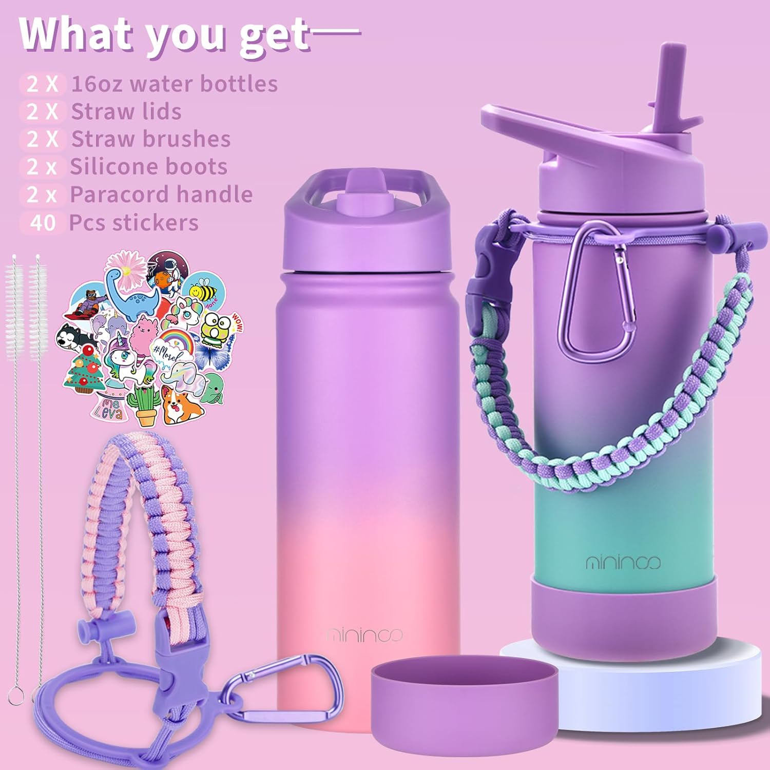 Mininoo Girls Water Bottle for School, 16oz Stainless Steel Insulated Metal Water Bottle with Straw Lid for Boys (2 Pack)