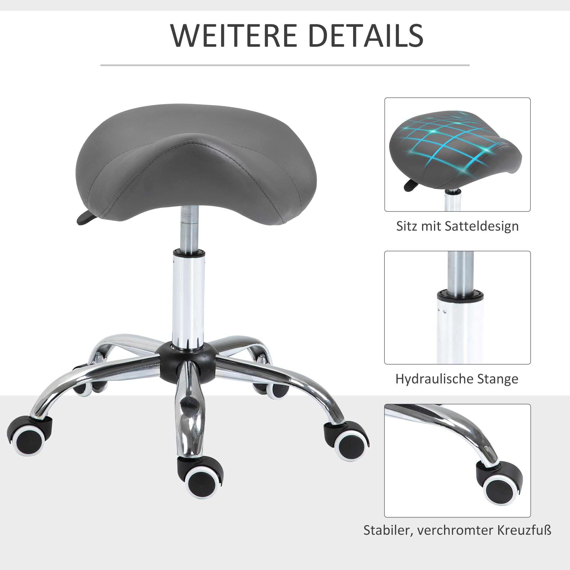 HOMCOM set van 2 rolkrukken, draaikrukken met wielen, werkkrukken, in hoogte verstelbaar, draaibaar, salonkrukken, salonstoelen, kunstleer, zwart, 35,5 x 48-63H cm