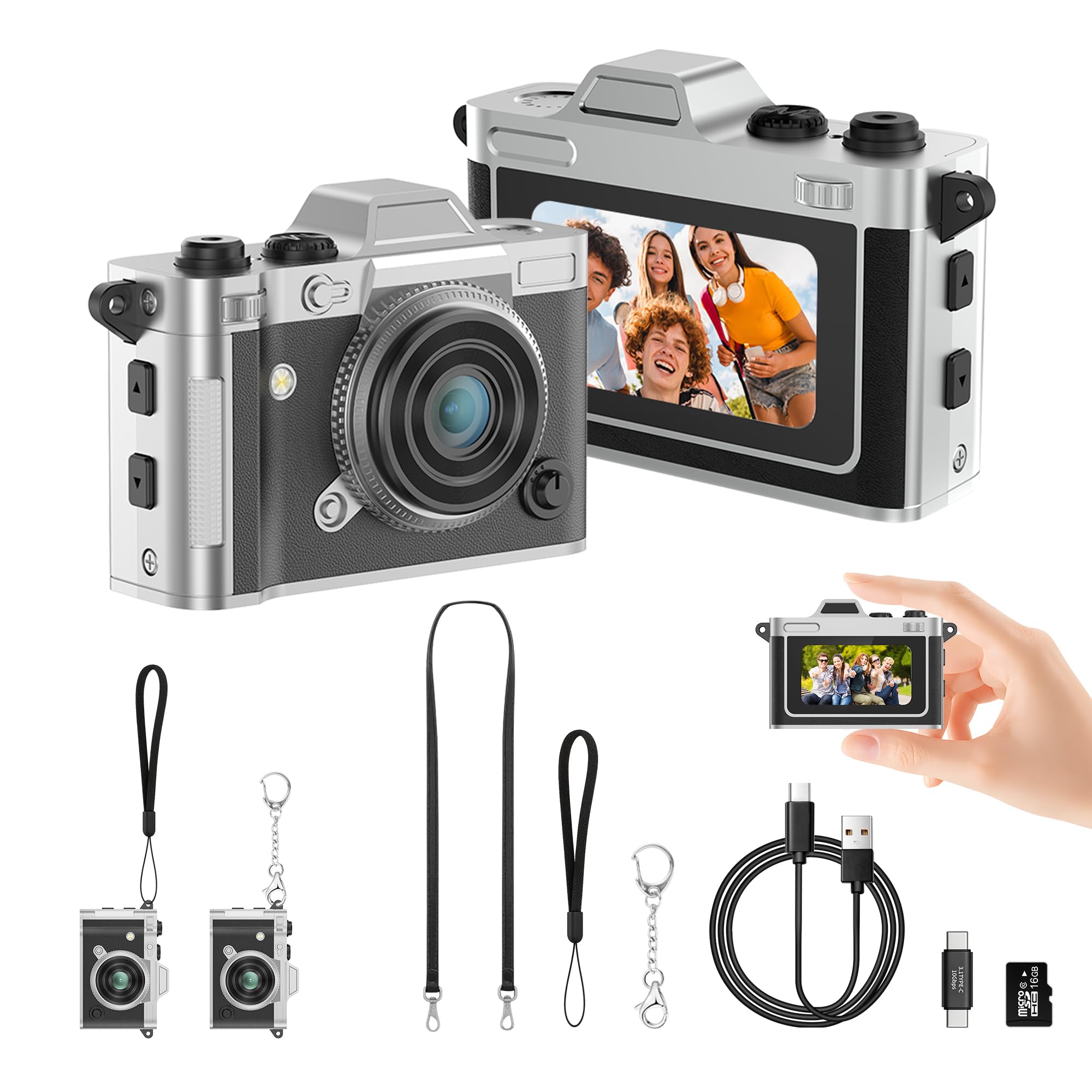 Mini Camera, Retro Keychain Digital Camera for Kids & Adults, 2K HD Portable Tiny Pocket Video Recorder with 16GB Card, Vintage Digital Camera for Travel, Vlogging & Daily Memories, Black