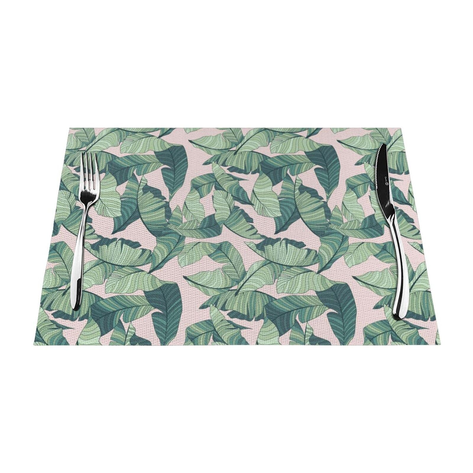 PVC Placemat Set of 6 PCS, 45x30 CM, green palm tree leaves pink Printed Non-Slip Heat Resistant Place Mats for Kitchen Dining Table Indoor Outdoor