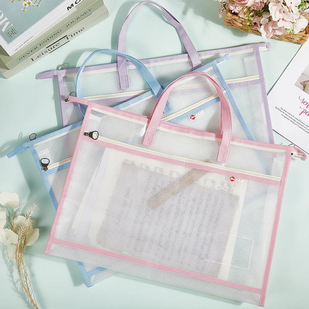 CRASPIRE 3Pcs Mesh Project Bags with Handles A3 Rectangle 3 Colors PVC Colorful Double Layer Sewing Document File Folder Paper Zipper Pouches for School Office Work Sewing Artworks Embroidery Projects - Image 3