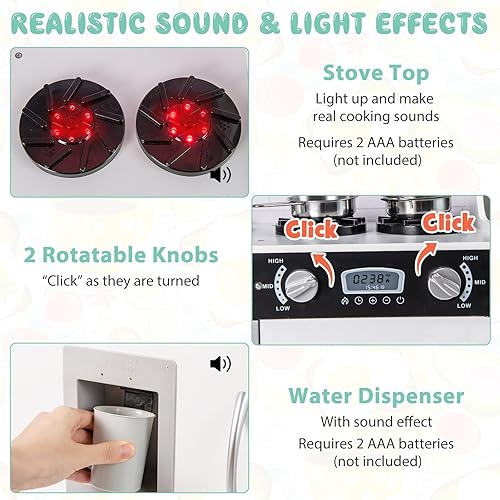 Miniatura 3 de Costzon Juego de cocina para niños, juego de cocina grande de madera con sonidos y luces reales, microondas, pizarra, horno, máquina de hielo,