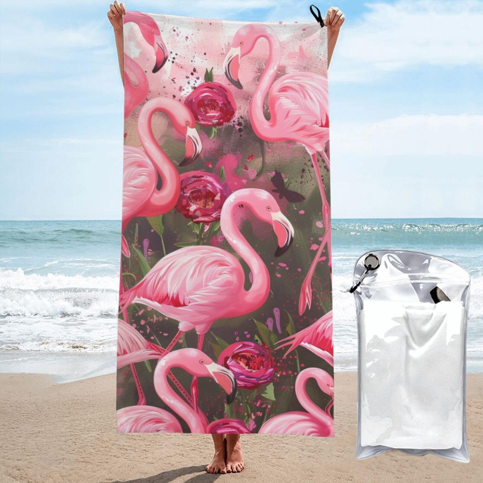 BWWHCCTI Flamingos Printed Microfiber Quick Dry Beach Towel 70x140 CM, Fast Drying Bath Towels with Bags for Travel,Camping,Gym,Beach,Swimming,Yoga