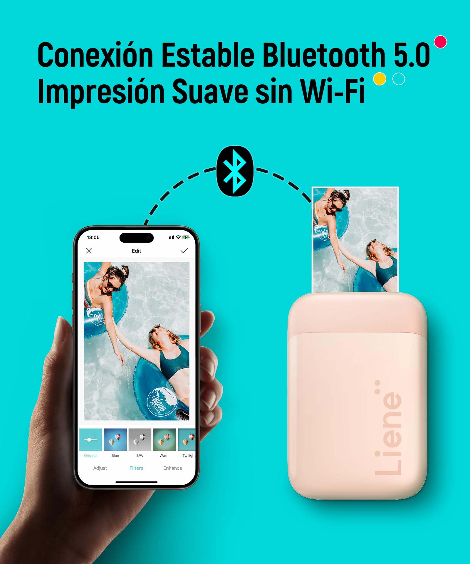 Liene Pearl K100 Impresora Foto Móvil, 2x3'' Impresora de Fotos Portátil con 50 Zink Papeles Fotográfico Autoadhesivo, Conexión Bluetooth 5.0, Compatible con iOS/Android, Mini Impresora (Rosa) - 3