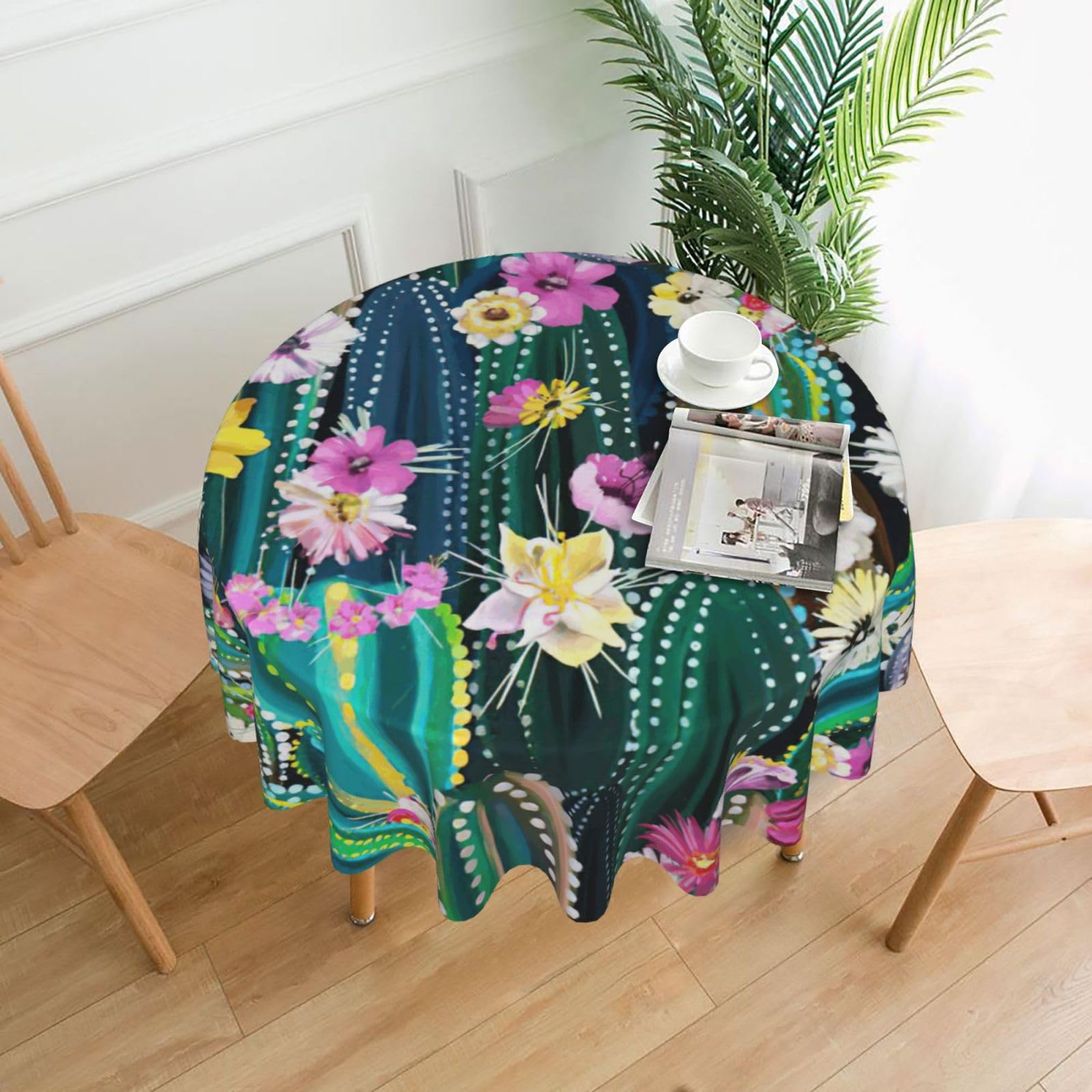 OXbnmm Blooming Cactus Print Soft Round Tablecloth 60in Polyester Washable Cover Cozy Gift for Mom Housewarming