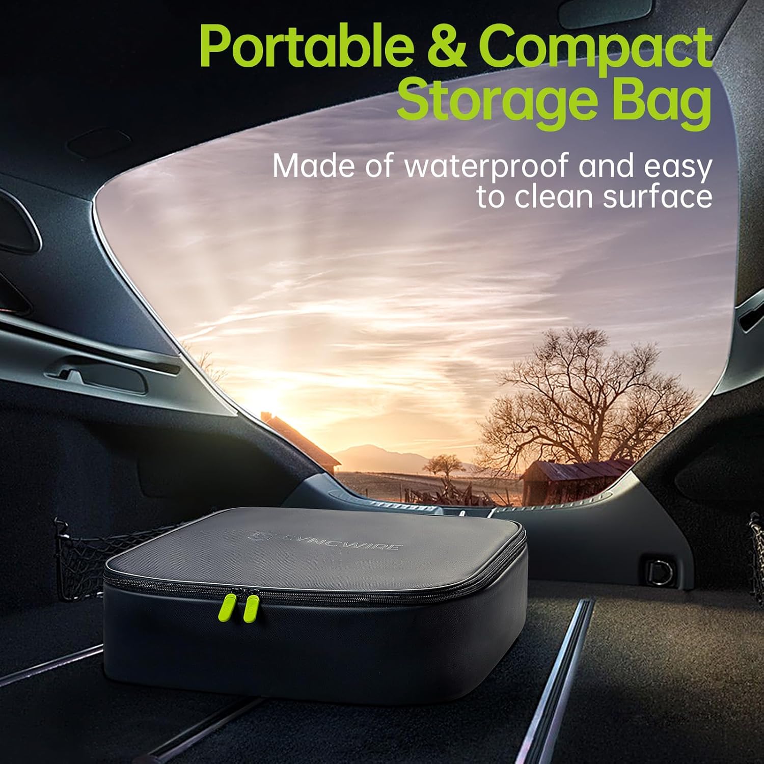 SYNCWIRE waterproof storage bag for EV charging cable placed in a car trunk